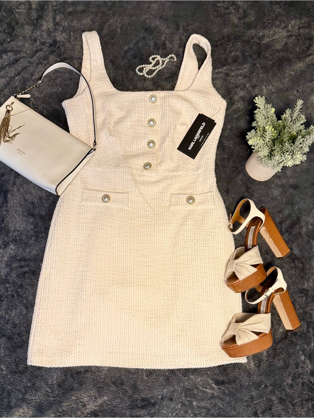 Karl Lagerfeld Cream Square-Neck Buttoned Mini Dress - Picture 4 of 10